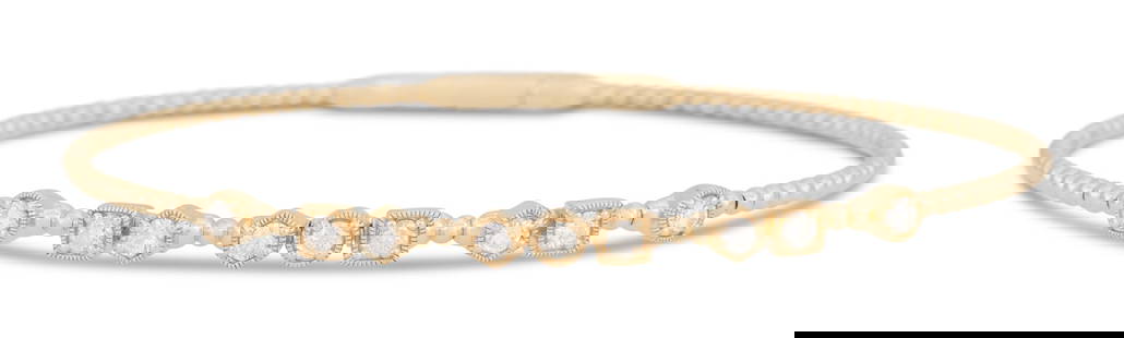 Diamond Bangle Bracelet: Diamond Bangle Bracelet14k yellow gold, the bracelet mounted with round brilliant-cut diamonds weighing approximately 0.50 carats in total.inside circumference 6-3/4", total weight 6.2 grams