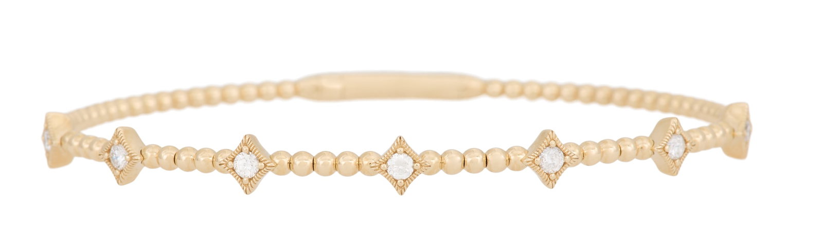 Diamond Bangle Bracelet: Diamond Bangle Bracelet 14k yellow gold, the bracelet mounted with round brilliant-cut diamonds weighing approximately 0.49 carats in total. inside circumference 6-3/4", total weight 5.9 grams