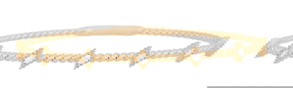 Diamond Bangle Bracelet: Diamond Bangle Bracelet 14k yellow gold, the bracelet mounted with round brilliant-cut diamonds weighing approximately 0.49 carats in total. inside circumference 6-3/4", total weight 5.9 grams