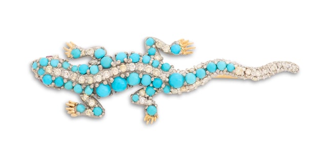 Turquoise and Diamond Lizard Brooch