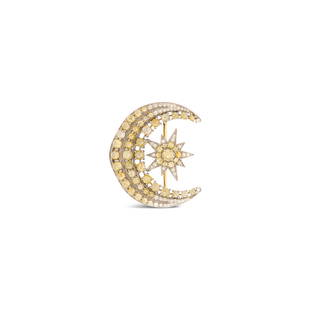 Diamond Crescent Brooch: Diamond Crescent Brooch 14k yellow gold/sterling silver, the brooch mounted with single-cut and rose-cut yellow and white diamonds weighing approximately 4.96 carats in total. size 1-3/8" x 1-1/2",