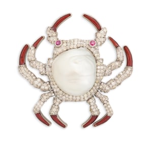 Pearl, Diamond and Ruby Crab Brooch/Pendant