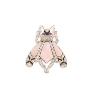 Pink Opal, Diamond and Ruby Bug Brooch/Pendant: Pink Opal, Diamond and Ruby Bug Brooch/Pendant 14k yellow gold/sterling silver, the brooch/pendant mounted with pink opal "wings", accented by round-cut diamonds weighing approximately 2.40 carats in