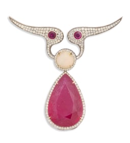 Unusual Ruby, Opal and Diamond Brooch