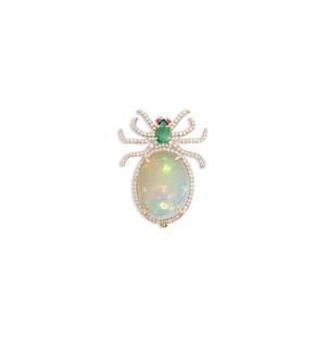 Opal, Diamond and Emerald Beetle Brooch: Opal, Diamond and Emerald Beetle Brooch 14k yellow gold/sterling silver, the brooch mounted with an opal cabochon weighing approximately 11.95 carats, accented by round-cut diamonds weighing