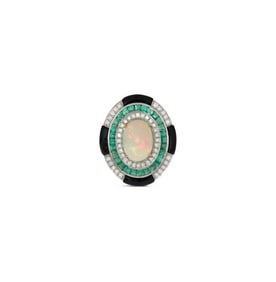 Opal, Diamond, Emerald and Onyx Ring