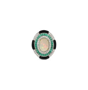 Opal, Diamond, Emerald and Onyx Ring: Opal, Diamond, Emerald and Onyx Ring14k yellow gold/sterling silver, the ring mounted with a central opal cabochon weighing approximately 4.10 carats, accented by square-cut emeralds weighing approxim