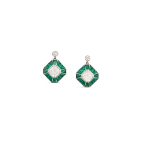 Pair of Diamond and Emerald Earrings