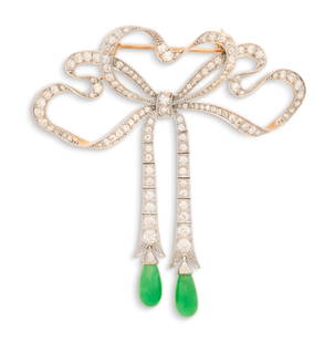Stunning Natural Jade and Diamond Brooch: Stunning Natural Jade and Diamond Brooch18k white/yellow gold, ca. 1910-1930, the "bow" brooch mounted with European-cut and round-cut diamonds weighing approximately 2.80 carats in total, with articu