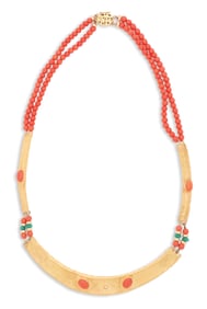 Coral, Emerald and Diamond Necklace