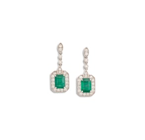 Pair of Emerald and Diamond Earrings