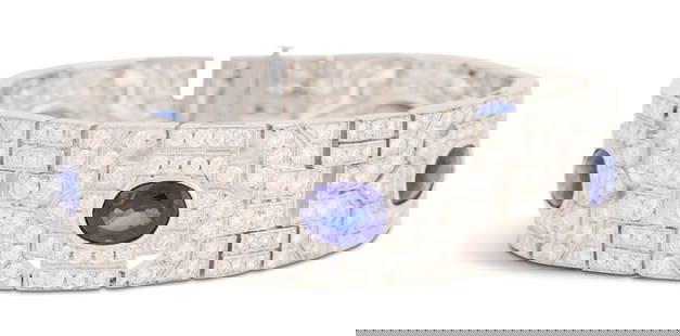 Art Deco Diamond and Sapphire Bracelet: Art Deco Diamond and Sapphire Braceletplatinum, the bracelet mounted with oval-cut sapphires weighing approximately 10.00 carats in total, accented by round brilliant-cut diamonds weighing approximate