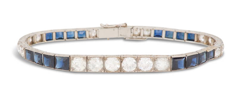 Diamond and Sapphire Bracelet: Diamond and Sapphire Braceletplatinum, the bracelet mounted with European-cut diamonds weighing approximately 6.26 carats in total and square-cut sapphires weighing approximately 3.60 carats in total.
