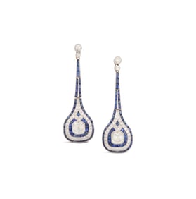Pair of Art Deco Diamond and Sapphire Earrings