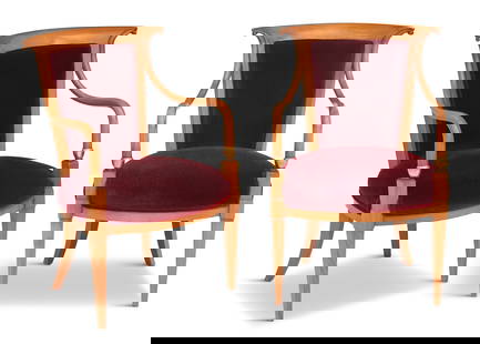 Pair of Italian Biedermeier-Style Maple Armchairs: Pair of Italian Biedermeier-Style Rock Maple Armchairseach chair with a curved crest rail joined to the downswept arms, with padded back and seat, raised on tapered square legs, labeled "Made in Italy