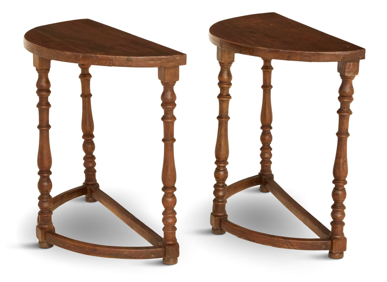 Pair of Italian Walnut Demilune Console Tables: Pair of Italian Walnut Demilune Console Tables18th century, each with a semi-circular top raised on block-and-turned legs joined by curved stretchers, fitted with locking hooks to form a round center