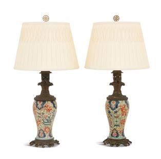 Pair of Chinese Export Porcelain Lamps: Pair of Chinese Export Bronze-Mounted Porcelain Moderator Lampsmid-19th century, the green and gold clobbered vasiform bodies in the Imari palette, with Rococo Revival gilt-bronze mounts, now electrif