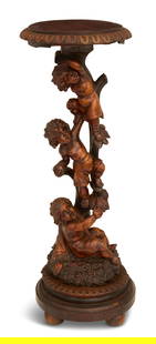 Italian Carved Wooden Figural Pedestal: Italian Carved Wooden Figural Pedestal in the Baroque Tastefourth quarter 19th century, the circular top decorated with carved fluting, over a standard with three putti climbing a tree, the base with