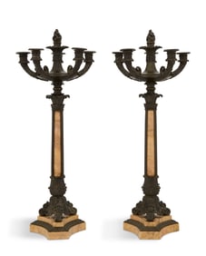 Pair of French Bronze and Marble Candelabra