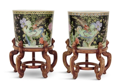 Pair of Chinese Porcelain Tree Tubs on Stands