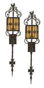 Pair of Iron and Stained Glass Exterior Lights