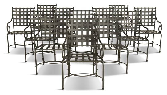 Twelve Brown Jordan "Florentine" Dining Chairs: Set of Twelve Brown Jordan "Florentine" Dining Chairsafter a design by Los Angeles designer Richard Frinier, the black metal chairs with scrolled terminals at the ends of each crest, scrolled arms and