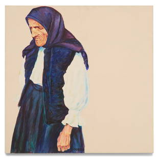 Dumitru Gorzo (Romanian, b. 1975): Dumitru Gorzo(Romanian, b. 1975)"Moasa (Midwife)"oil on gallery-wrapped canvassigned lower center, and signed and titled en verso.Unframed.47-1/2" x 47-1/2"
