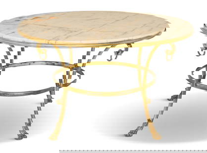 Large Brass and Onyx-Top Gueridon: Large Brass and Onyx-Top Gueridonthe circular brass frame set with a conforming onyx top, supported by four down-curved legs ending in paw feet and joined by a circular stretcher.h. 30", dia. 50"