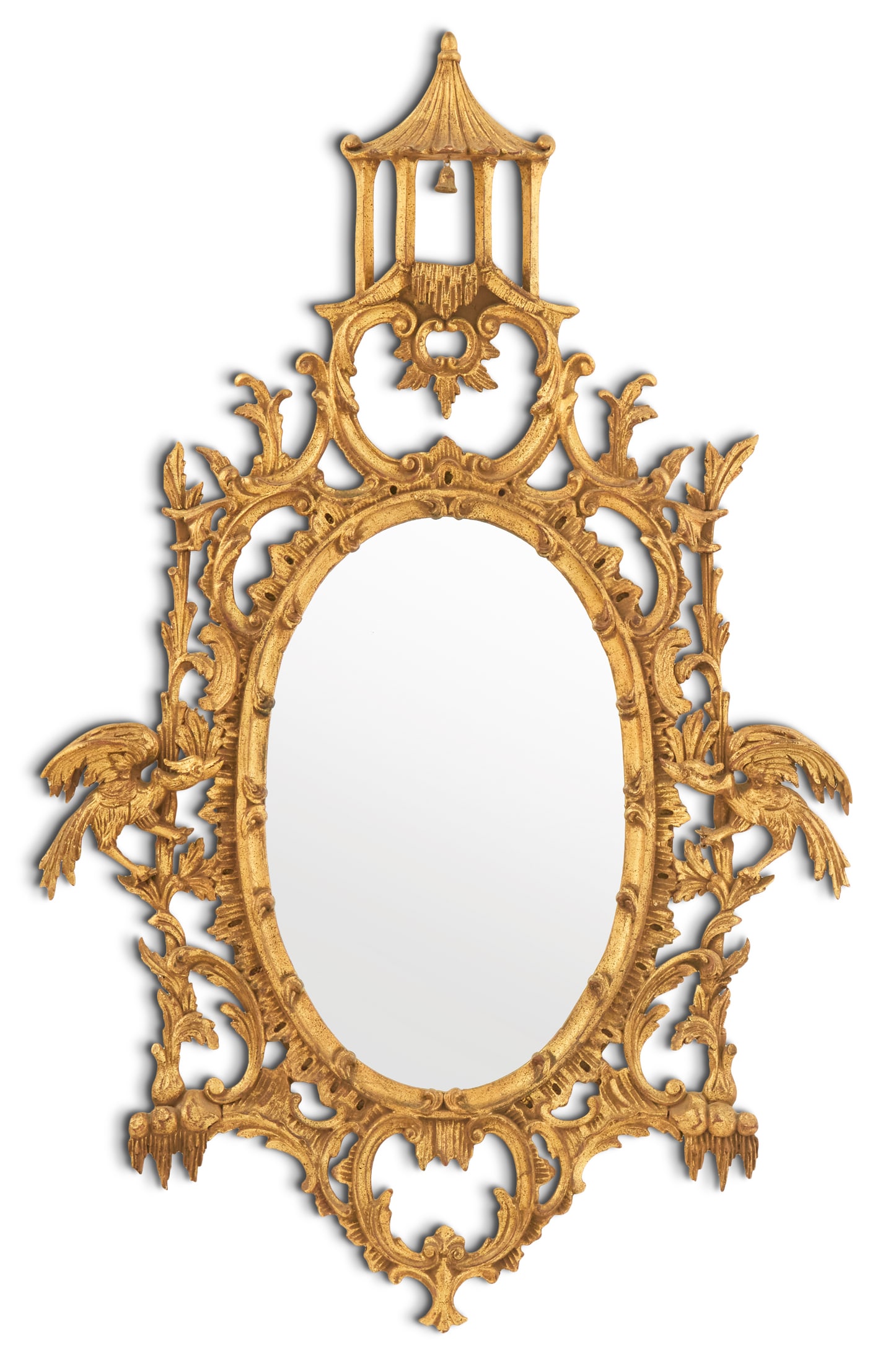 Italian Giltwood Mirror: Italian Chippendale-Style Giltwood Mirrorthe oval mirror with a pagoda finial with a temple bell, over a pierced chinoiserie surround framing the oval mirror plate, edged with rocaille work and ho-ho