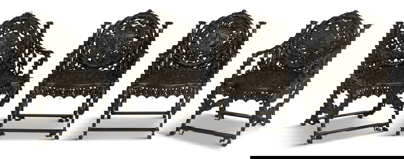 Set of Four Northampton Cast-Iron Garden Chairs: Set of Four Northampton Cast-Iron Garden Chairsthe "four seasons" chairs inspired by Coalbrookdale, the circular backs decorated with seasonal roundels framed in pierced fruit and flowers, the scrolle