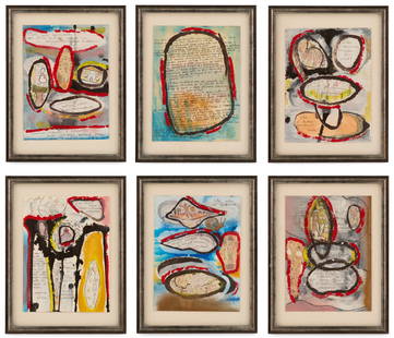 Maurizio Savini (Italian, b. 1962): Maurizio Savini(Italian, b. 1962)"Karuna", 2012six mixed medias on papereach signed, dated and titled en verso on backing.Each float-mounted, glazed and framed alike.each sight 12" x 9-1/4", framed 17