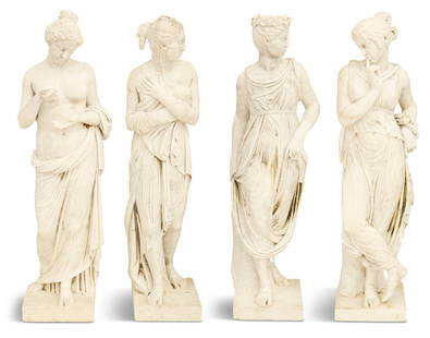 Four Neoclassical Marble Garden Figures: Four Neoclassical Marble Garden Figuresincluding a figure of Venus clutching drapery, a dancing girl with her finger on her chin, an allegorical depiction of "spring", wearing a wreath of flowers in h