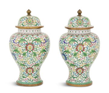 Pair of Chinese Cloisonne Ginger Jars: Pair of Chinese Cloisonne Ginger Jars20th century, decorated with polychrome scrollwork and lotus blossoms on a white ground, the bottom stamped "Made in China".h. 12", dia. 5-1/2"