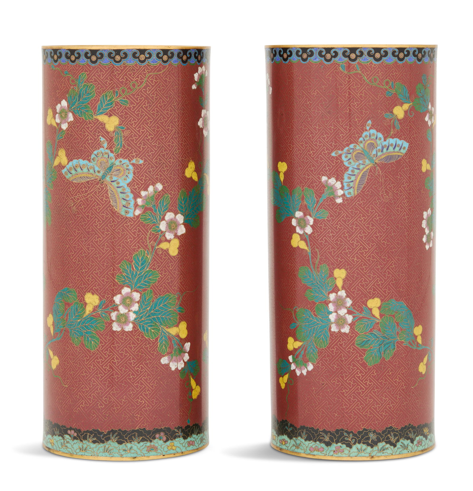 Pair of Chinese Cloisonne Vases: Pair of Chinese Cloisonne Vases20th century, the cylindrical vases decorated with butterflies and trailing flowers on a Chinese red ground, the cloisonne in a "cracked ice" pattern, the interior decor
