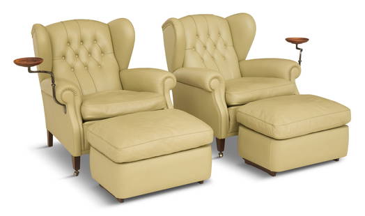 Poltrona Frau Lounge Chairs and Ottomans: Poltrona Frau Lounge Chairs and Ottomans20th century, the Italian leather wing chairs with tufted backs and a metal and wood drinks rest mounted on one side, labeled, after a design by Renzo Frau (Ita