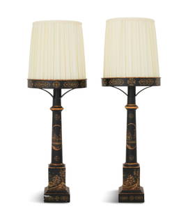 Pair of Chinoiserie Tole Table Lamps: Pair of Chinoiserie Tole Table Lamps20th century, in the style of French empire Sinumbra lamps, with column-form standards, the shade rings painted with bronze "mounts", the standards and bases decora