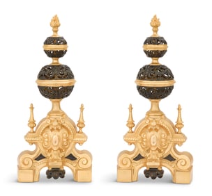 Pair of Gilt and Patinated Brass Andirons