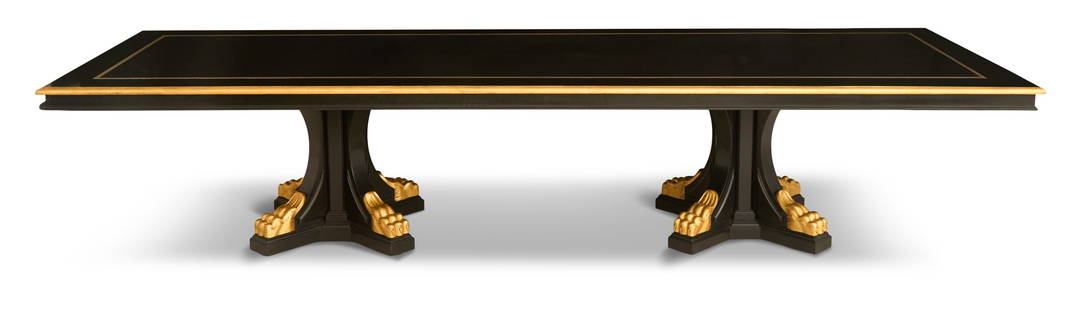 Impressive Custom-Made Black-Lacquer Dining Table: Impressive Custom-Made Black-Lacquer Pedestal Dining Tablethe expansive rectangular top with a gilded and molded edge set with a broad border and inner silver-leaf liner, raised on a pair of pedestals
