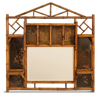 Japanese Bamboo and Lacquer Overmantel Mirror: Japanese Bamboo and Lacquer Overmantel Mirrorfourth quarter 19th century, the peaked and pierced crest over a central shelf with a lacquered back panel with ebonized arcading, trimming the bamboo fram