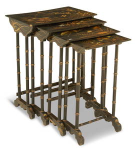 Four Japanned Papier-Mache Nesting Tables: Four Japanned Papier-Mache Nesting Tables19th century, the black-lacquered tables with raised decoration, with bamboo and bird motifs, raised on faux bamboo turned legs.h. 29-1/2", w. 22-1/2", d. 14-1