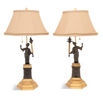 Pair of Gilt- and Patinated-Metal Figural Lamps: Pair of Gilt- and Patinated-Metal Figural Lamps20th century, the two-light lamps decorated with chinoiserie figures holding palm fronds, on molded giltwood bases and fitted with lampshades.h. 28", dia