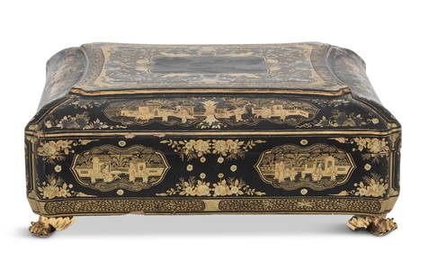 Chinese Export Lacquered Game Box: Chinese Export Lacquered Game Boxsecond quarter 19th century, the box with notched corners and gilt panels of mandarin figures and scattered flowers, on a black ground, resting on gilt paw feet, the i