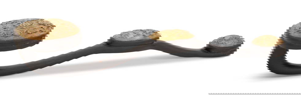 Chinese Carved Hardstone Ruyi Scepter: Chinese Carved Hardstone Ruyi ScepterQing Dynasty (1644-1912), the wooden scepter with carved and molded edges, set with three hardstone panels decorated with various Chinese elements.h. 3-1/4", w. 4-