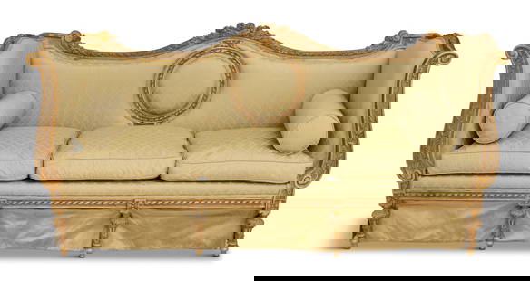 Louis XVI-Style Giltwood Sofa: Louis XVI-Style Giltwood Sofaearly 20th century, the carved frame with floral and rope details, the back with a central padded roundel and floral crest above, the seat with three reversible cushions a