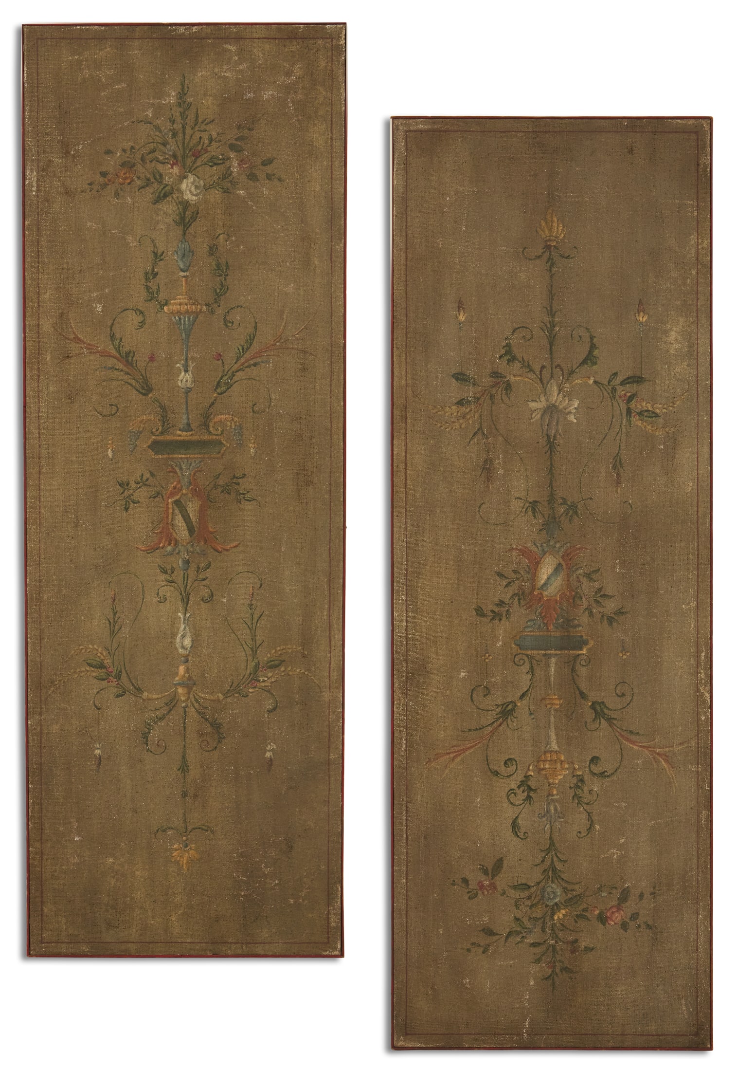 Pair of Painted Fabric Panels: Pair of Painted Fabric Panels in the Neoclassical Tastein the Percier et Fontaine style, painted with polychrome sprays of flowers, arabesque scrollwork and shields.h. 69-3/4", w. 24-3/4"