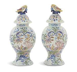 Signed Polychrome Delftware Covered Vases