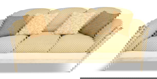 Murray's Iron Works Sofa: Murray's Iron Works Sofathe silver-painted metal sofa of Louis XVI inspiration, with tapered and fluted front legs set with ball finials, the sides and back set with strapwork, the base supporting a f