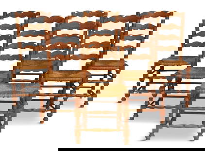 Six French Provincial Oak Ladderback Chairs: Six French Provincial Oak Ladderback Chairs20th century, each with four shaped slats and a rattan woven seat, raised on block-and-turned legs joined by stretchers.h. 39", w. 18", d. 16"