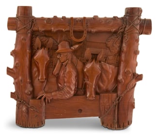 American Western Deep-Relief-Carved Wooden Plaque