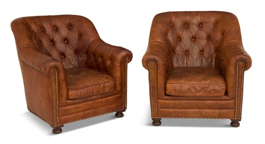 Pair of Brown Leather Club Chairs